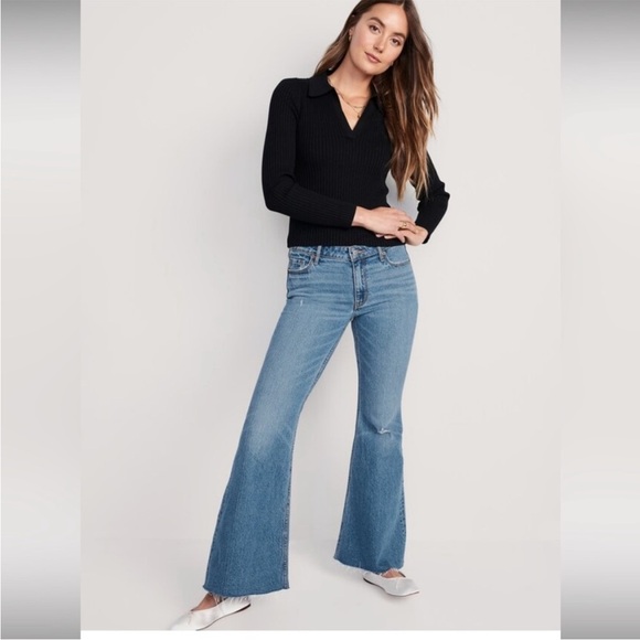 Old Navy Mid Rise Light Wash Leif Super Flare Jeans Size 18 Plus Distressed Boho - Picture 1 of 15